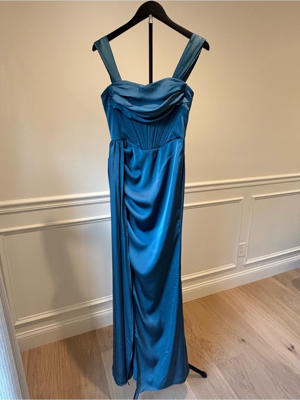 Azazie Teal Satin Maxi Dress